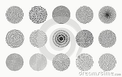 Set of doodle round patterns. Abstract shapes and design elements made by spots, dots, curves and lines. Trendy pattern for poster Vector Illustration